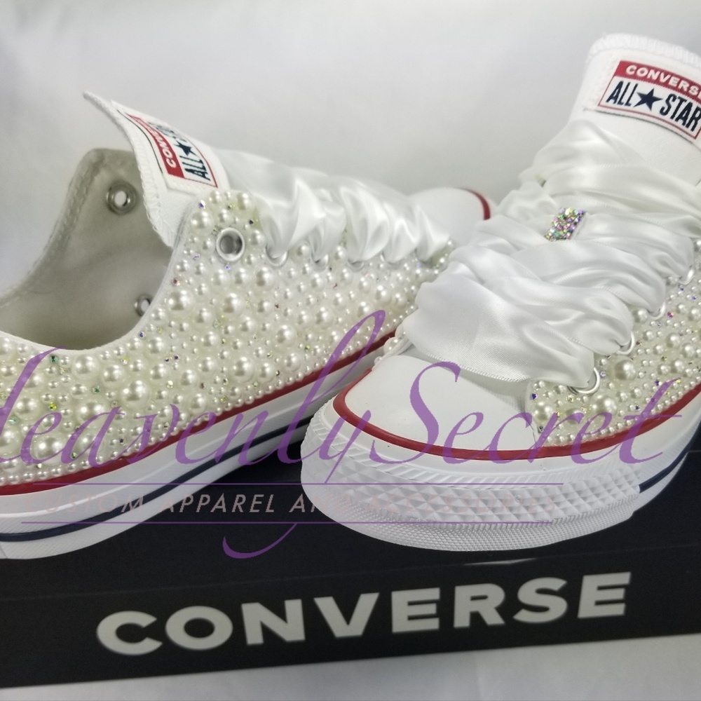 Custom Bridal Blinged White Low Top Converse - Picture 3 of 5